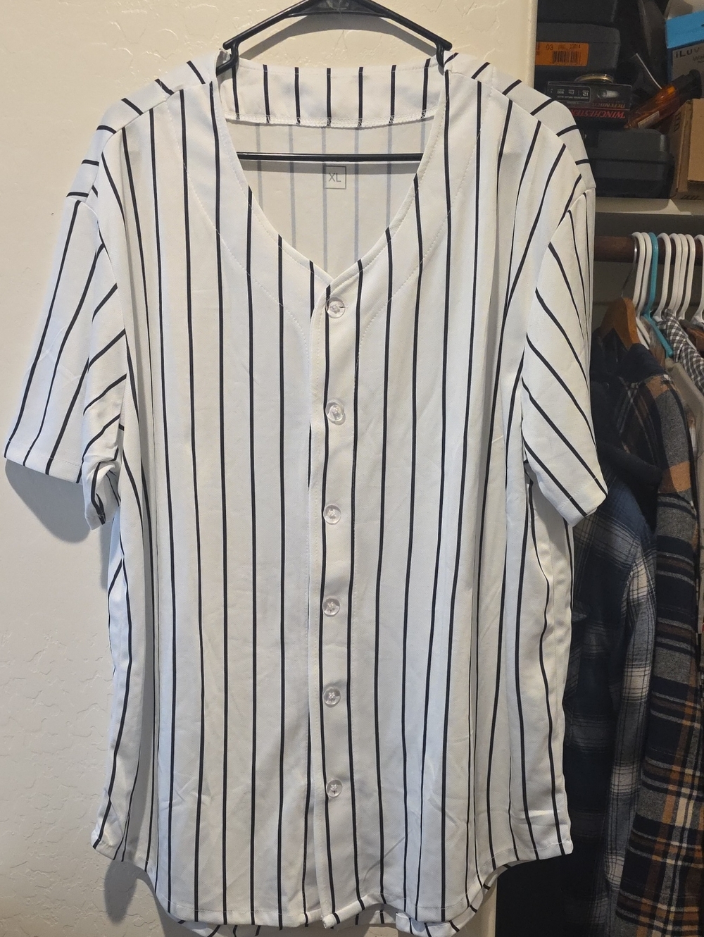 Men/Women's White Baseball-Style Button Front Shirt with Black Stripes